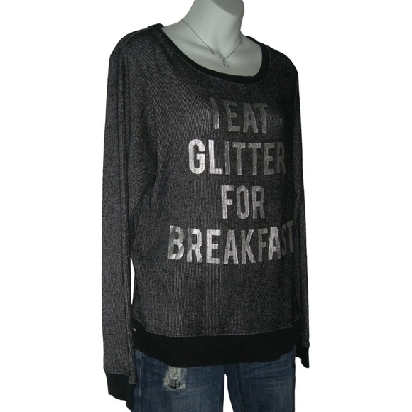 Recycled Karma I Eat Glitter For Breakfast Shirt Black Silver Metallic Foil Sz M - Picture 2 of 9